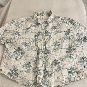 C&C California 100% Linen White Palm-Print Short-Sleeve Button-Down Shirt